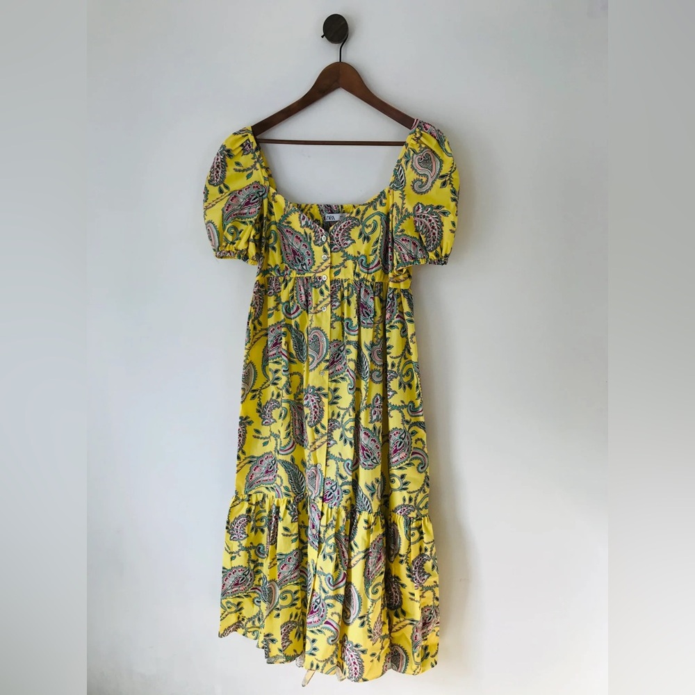 Zara Yellow Paisley Puff Sleeve Midi Dress | Size M | Has Pockets!! - Picture 4 of 12